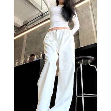 韓系慵懶風寬松休閑闊腿褲女春秋季新款小個子百搭顯瘦直筒長褲子