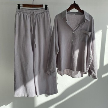 【雅韻衣櫥】 跨境女士2件套復古加大碼  棉麻襯衫套裝高腰寬鬆長褲