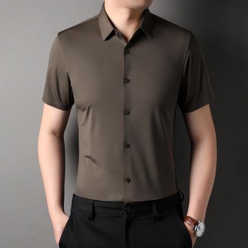 夏季高級感冰絲短袖襯衫男士無痕半袖襯衣中青年韓版男裝修身寸衫