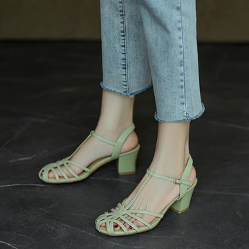 手工真皮~大長腿~粗跟高跟鞋鏤空包頭丁字扣帶仙女風羅馬涼鞋女夏