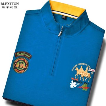 夏季拉鏈T恤男短袖立領POLO衫高檔刺繡男裝絲光棉拉鏈藍色上衣服