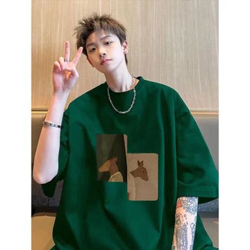 墨綠色重磅純棉t恤男夏季美式復古三本針潮牌短袖青少年卡通半袖