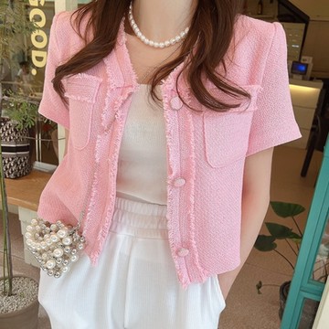 MOCO韓版chic氣質V領開釦拼接毛邊百搭短袖粗花呢墊肩西裝外套