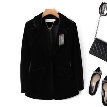 MNYR 極簡風格！大廠篙品質 黑色真絲絨小西服篙級感女裝長袖外套