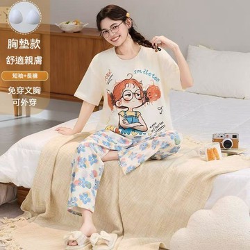 台灣出貨 帶胸墊睡衣女 夏季睡衣 休閒睡衣 可愛睡衣 韓版睡衣 短袖長褲睡衣 可外穿睡衣 胸墊睡衣 舒適睡衣 休閒睡衣