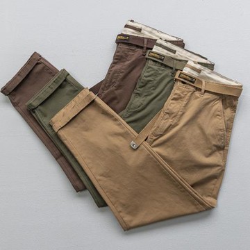都市復古新款休閑直筒褲男士美式咔嘰做舊潮流微錐工裝褲男配腰帶