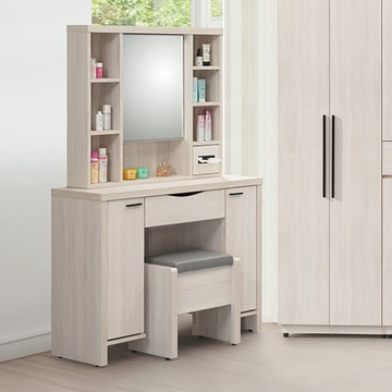 【顛覆設計】樂雅白雲橡色3.2尺化妝鏡台(含椅)