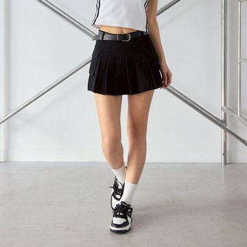 LALLO-附皮帶工裝百褶短裙-黑色