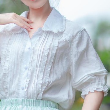 (免運)開心洋裝/陌顏/lolita原創木耳邊襯衫夏薄款 寬松遮肉更顯瘦森女