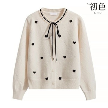 初色 韓系刺繡愛心蕾絲花邊繫帶圓領長袖開衫針織毛衣外套女外套-共3色-10728(F可選)