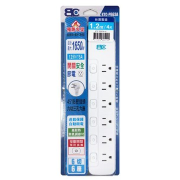 【BC博銓科技】KTC-P663A-4 3孔6開6插 4尺/1.2M 45度貼壁插頭 延長線(防雷突波/過載保護)