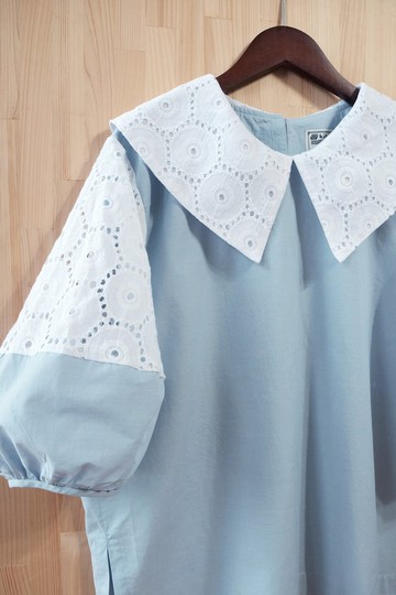 大領片澎袖罩衫/ 白色布蕾絲