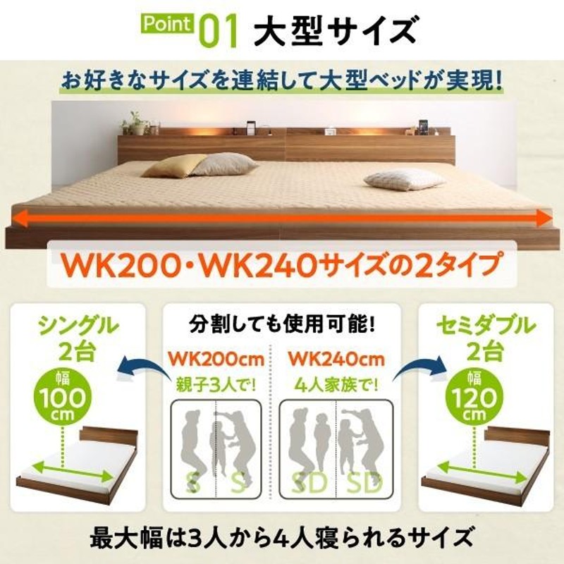 連結ベッド 幅240 キング ワイド 3人 4人 家族 つなげる 2台 分割