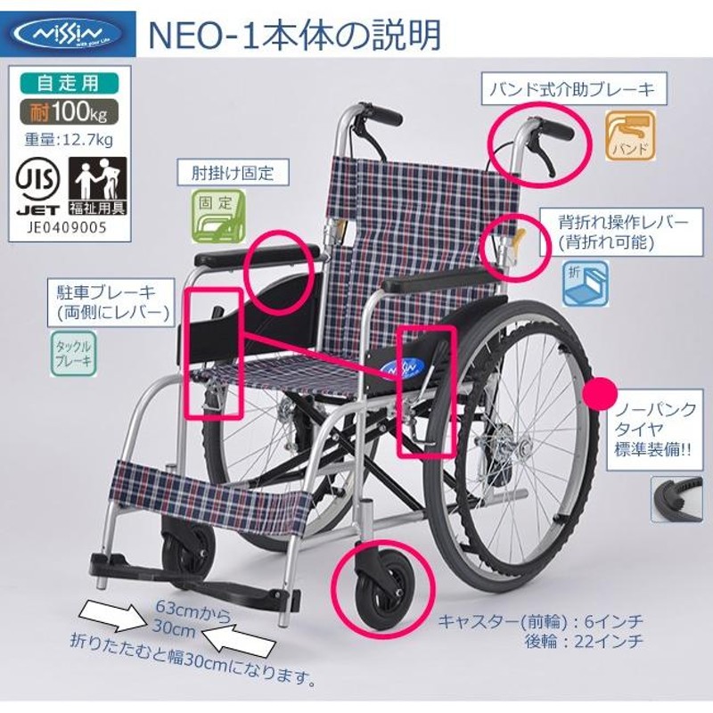 車椅子 車いす 車イス 日進医療器 NEO-1 自走用 ノーパンク仕様 40cm幅 軽量 折りたたみ 折り畳み 福祉用具JIS |  LINEブランドカタログ