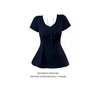 大碼胖MM藏藍色正肩短袖T恤女夏季新款褶皺收腰顯瘦獨特別致上衣