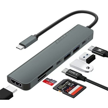 4K高畫質 7合1多功能轉接器 USB-C to HDTV+Type-C+USB+SD+TF 支援PD87W快充 擴充集線讀