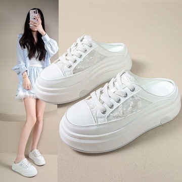 🔥台灣出貨🔥懶人鞋 超火包頭半拖鞋 高顔值網麵透氣厚底小個子增高小白鞋 半拖鞋