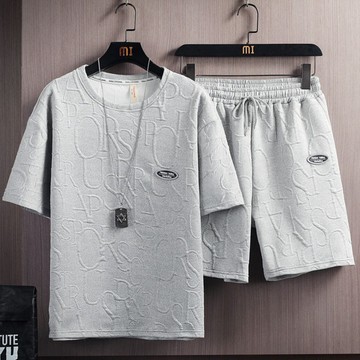 新品【夏季】100公斤大码【2件套】休閒潮流夏季冰絲休閒套裝男士潮牌薄款青少年短袖短褲二件套港風潮流日係韓係