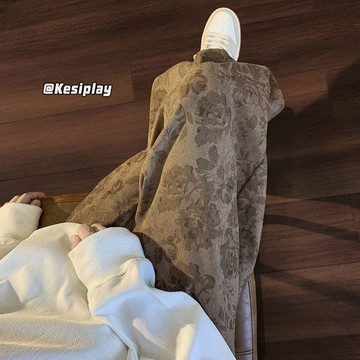 【美式高街】女裝 復古提花滿印闊腿工裝褲 棕色 秋冬季 寬鬆休閒長褲