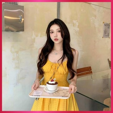 『ATC』大碼連身裙法式女夏季新款黃色吊帶裙度假風中長裙