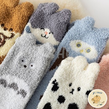 日系動物刺繡女長襪  珊瑚絨襪 女襪 保暖襪 動物 刺繡 冬天 居家保暖 長襪 立體耳朵 台灣現貨 183