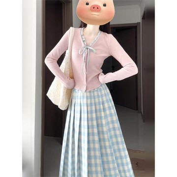 法式粉色長袖連衣裙子女早春季2025新款miu里miu氣質穿搭一整套裝