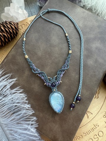 N898 民族風 蠟線編織 月亮石 銅珠 紫水晶 頸鏈 (可調長度)