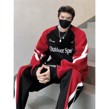 黑紅色拼接運動套裝男春秋美式重磅賽車服衛衣衛褲潮男穿搭一整套