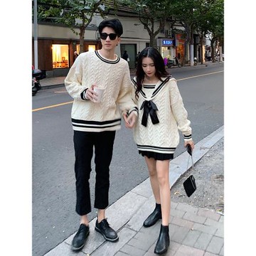 情侶裝春季2025新款潮流復古蝴蝶結針織衫上衣學院風海軍領毛衣女