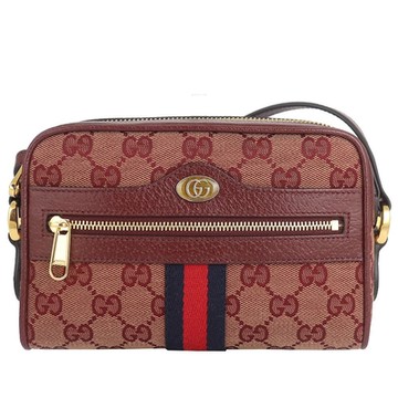 GUCCI 古馳  Ophidia 咖紅色雙G緹花布皮邊拉鍊小型斜背包