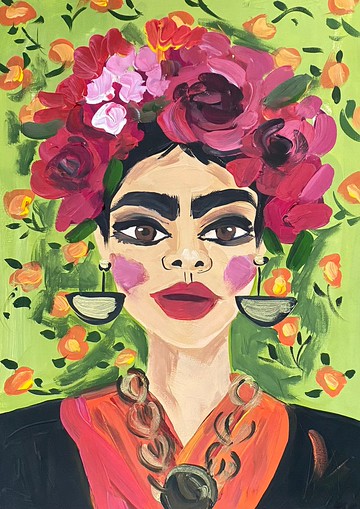 美女 Frida Kahlo 女人肖像 原始水粉畫在紙上 野獸派藝術 墨西哥