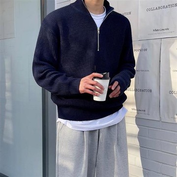 【巴黎精品】針織衫長袖T恤-微高領半拉鍊休閒男上衣1色a1io15