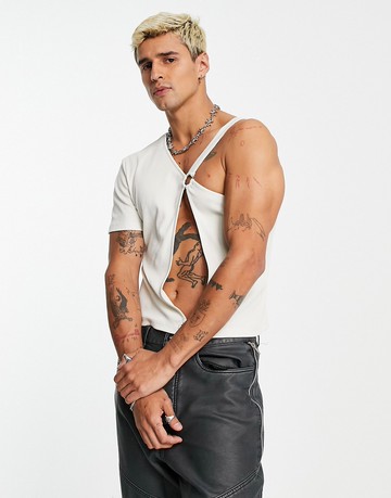 ASOS DESIGN t-shirt with one shoulder and cut out in cream-White