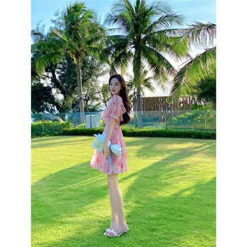 碎花雪紡連衣裙女夏季新款女裝修身荷葉邊泡泡袖V領粉色仙女裙子