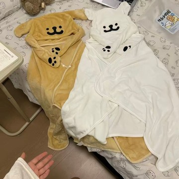 臺灣出貨+免運軟萌線條小狗連帽披風會動耳朵毛絨親膚保暖可愛居家外穿實用套裝