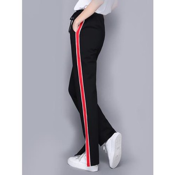 春秋厚高個子加長版175女休閑褲測邊條紋開叉窄版直筒褲長褲黑色
