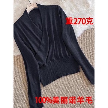 紅標新款交叉領法式100羊毛衫女寬松V領針織打底衫冬和服領毛衣