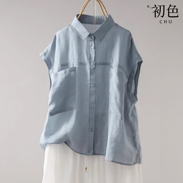 初色 純色輕薄翻領無袖背心口袋襯衫上衣女上衣-共3色-35382(M-2XL可選/現貨+預購)