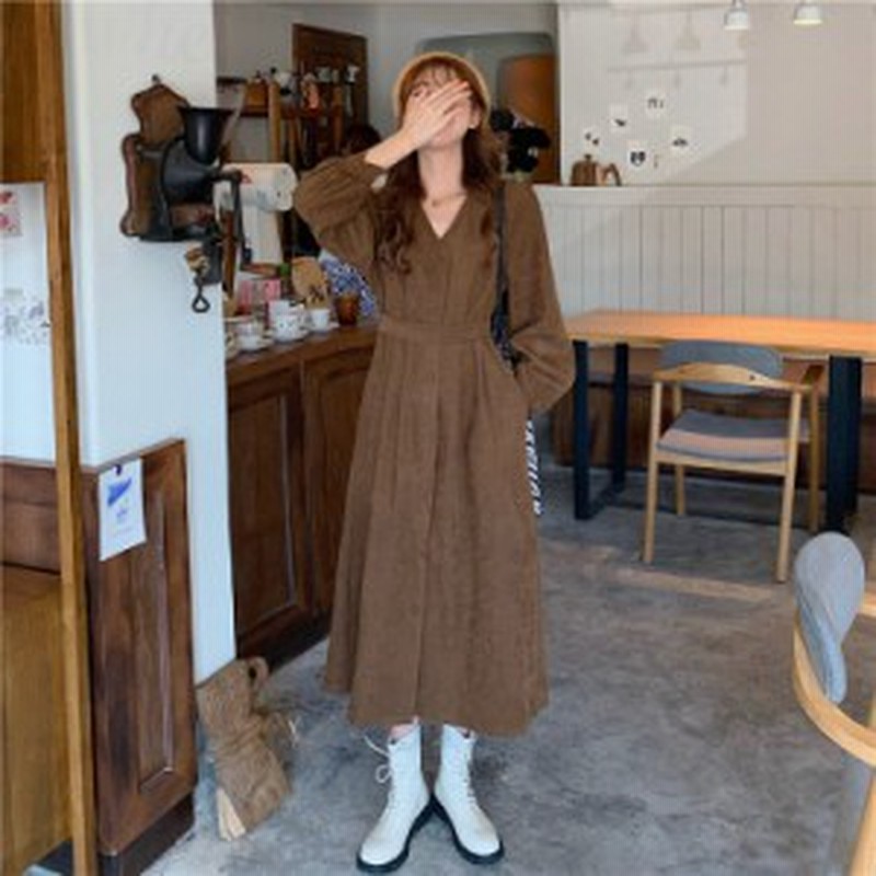 レディース ワンピース 秋冬 長袖 Vネックウエストタックワンピース フロントボタン ミモレ丈 ロング丈 マキシロング丈 Aライン タック 通販 Lineポイント最大get Lineショッピング