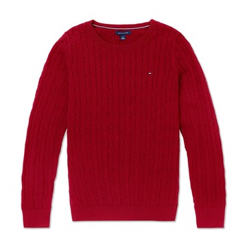 TOMMY 熱銷圓領刺繡Logo麻花針織毛衣(女)-酒紅色