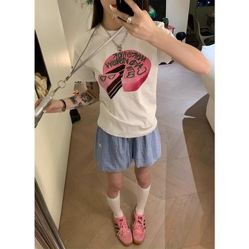 白色純棉夏季美式趣味蛋糕印花圓領T卹女ins休閒百搭修身短袖上衣