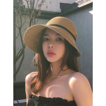 UPF50+不規則褶皺蝴蝶結大沿盆帽紫外線后檐漁夫帽出游百搭草帽