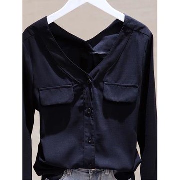 品牌折扣女裝專柜撤柜清倉黑色襯衫女設計感小眾V領長袖襯衣春秋