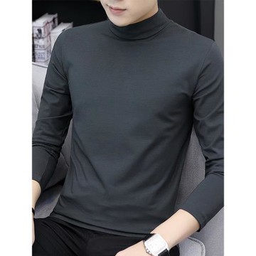 莫代爾男士半高領打底衫春秋季潮流純色長袖T恤純棉內搭薄款上衣