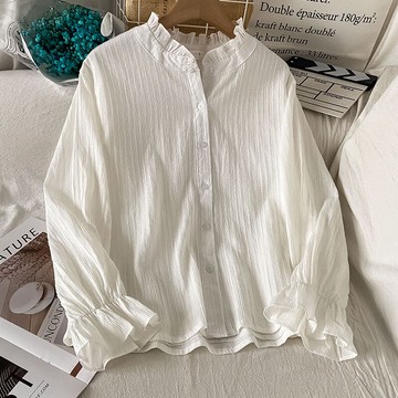 法式荷葉邊白色襯衫女新款秋冬季別致設計氣質內搭長袖上衣