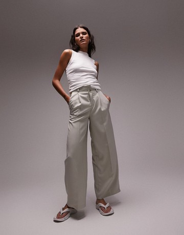 Topshop co-ord asymmetric wide leg trouser in stone-Green