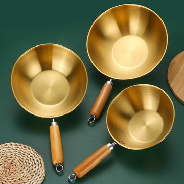 不銹鋼無磁木柄闊面鍋奶鍋涼拌粉面沙拉平底燃氣電磁爐通用迷你鍋