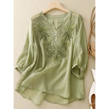 中年媽媽復古刺繡套頭襯衫女夏季純色寬松休閑顯瘦亞麻減齡上衣薄