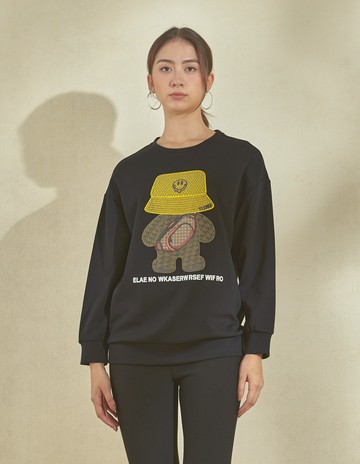 ★【喜芝梅】微笑旅程 趣味帽子卡通圖案時尚印字長袖上衣(黑色；M-L) 224320111