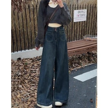 【FOH】牛仔褲 美式復古 藍色牛仔褲 闊腿牛仔褲 落地褲 梨形身材 長褲女 小個子寬褲 高腰直筒褲 顯瘦牛仔褲 休閒